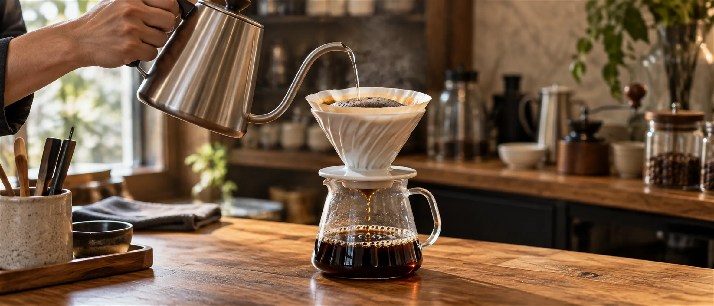 Kézi csepegtetés a filter-bár pultjánál: hattyúnyakú kanna, V60-as tölcsér és üvegkancsó