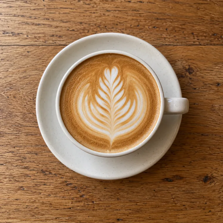 Flat white felülnézetből, latte art rozettával a csészében