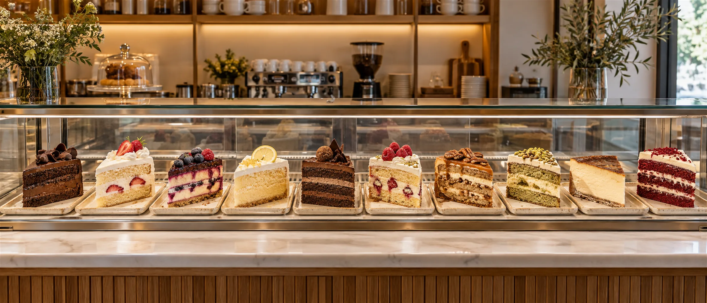 A süteményes pult üvegvitrinje tortaszeletekkel, muffinokkal és aprósüteményekkel