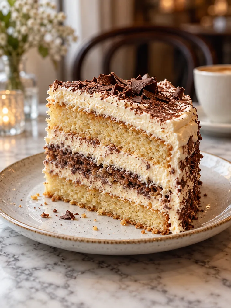 Szelet réteges krémes torta csokoládéforgáccsal, tányéron a márványasztalon