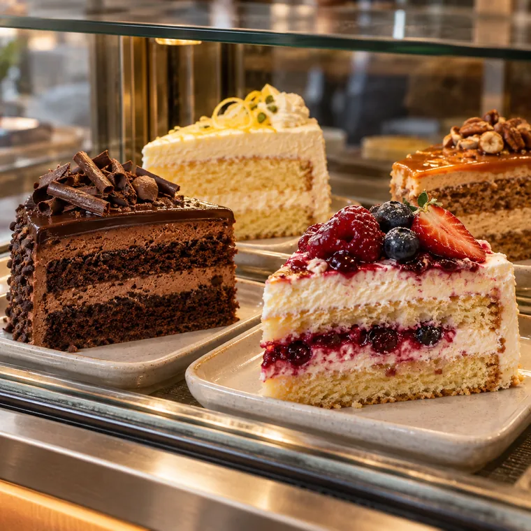A tortás vitrin közelről, több tortaszelettel egymás mellett